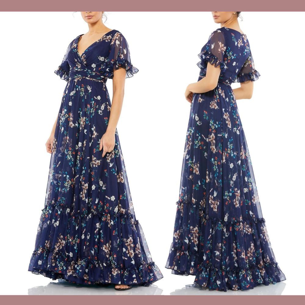 NWT $498 Mac Duggal [ 8 ] Flounce Sleeve Floral Maxi Dress Gown‎ Navy Blue #S958